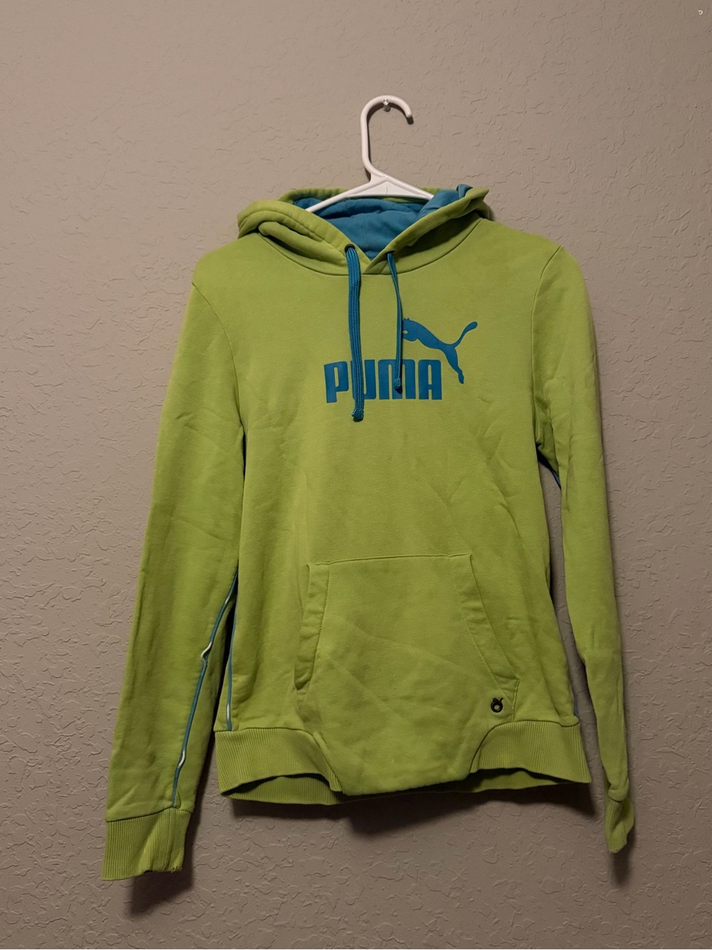 Puma Bright Green Hoodie with Light Blue Trim and Red Label
